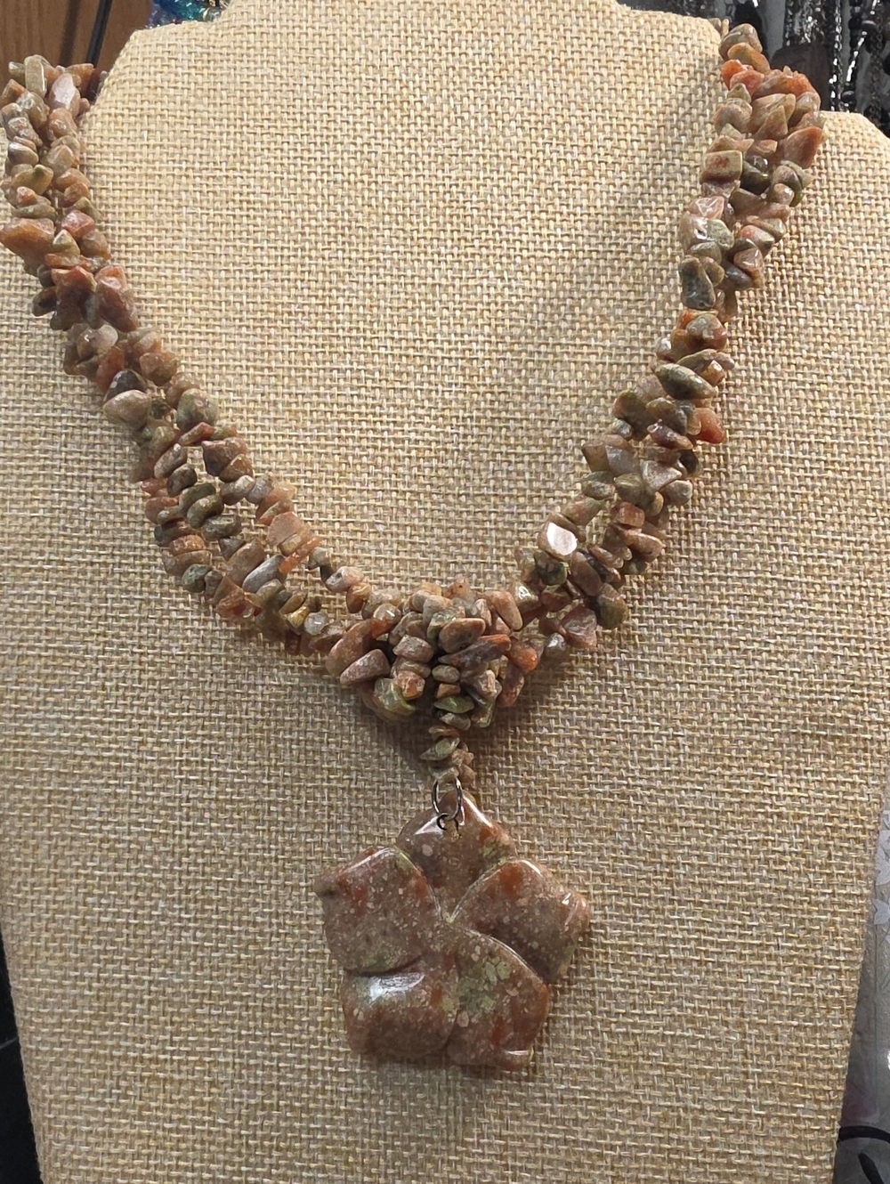 Earth-Tone Jasper Chip Necklace with Floral Pendant